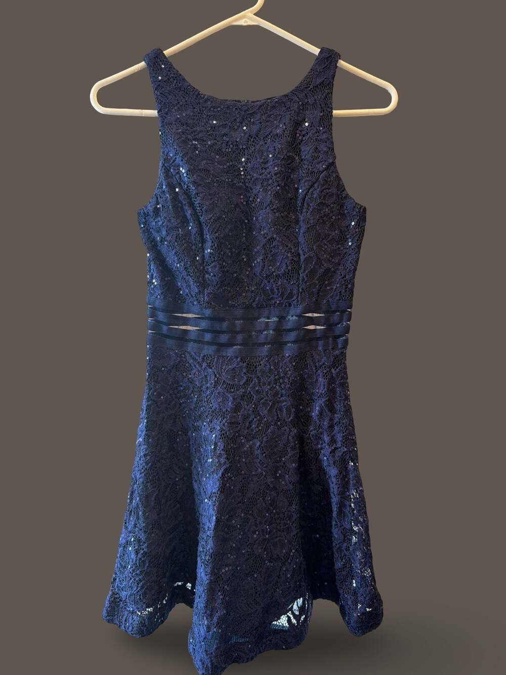 Speechless Navy Blue Lace Sequin Illusion Fit and Flare Dress Size 5